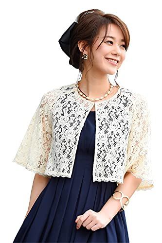 Size L_Color アイボリー W ルイ ルエ ブティック フラワーレース ケープ ボレロ レディース ミセス 結婚式 カーディガン 大きいサイズ ドレス カジュアル 半袖 七分袖 オールシーズン スリム レース フォーマル 通勤 お出かけ お呼ば
