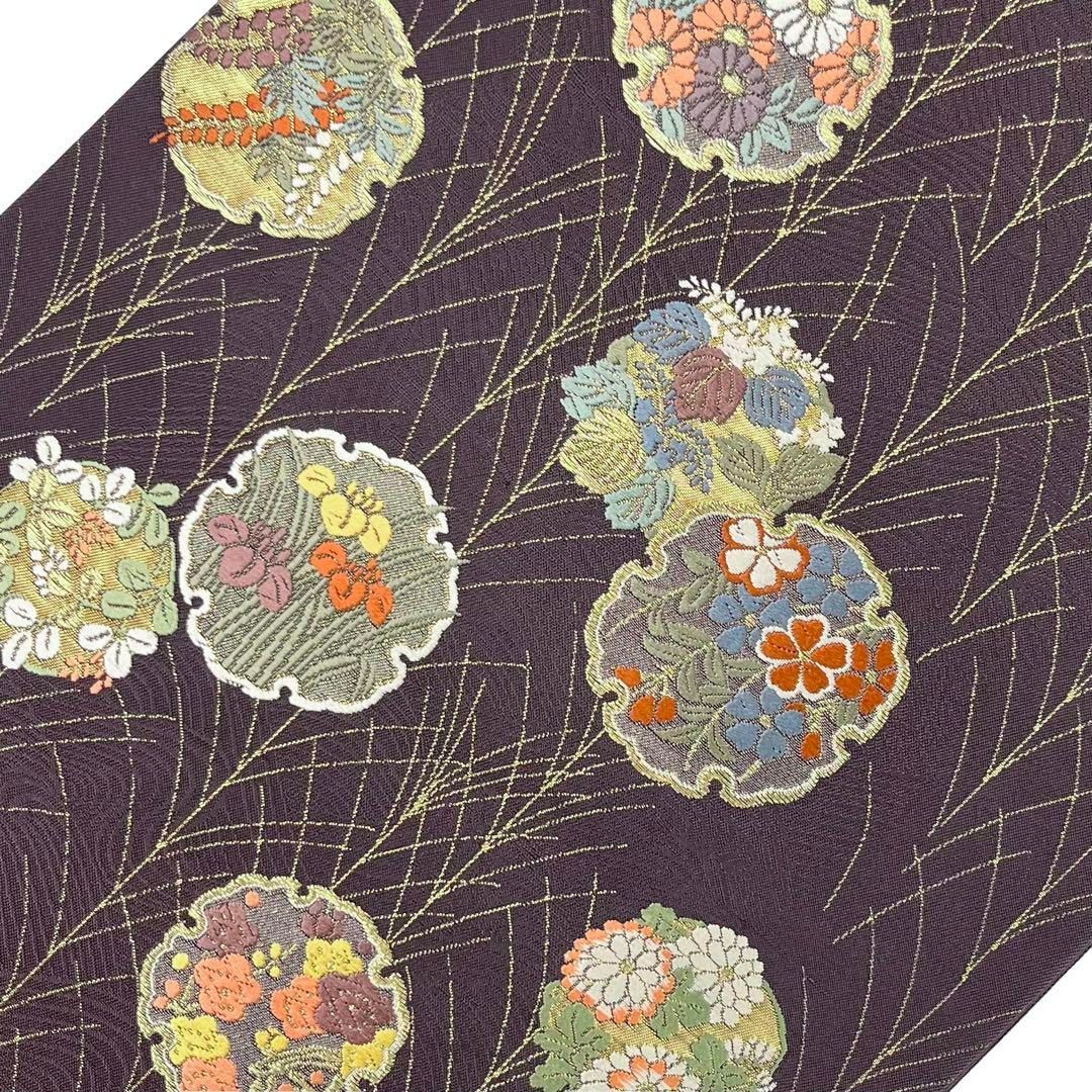 袋帯 雪輪に四季の花模様 紫烏色 金糸 O-4340 - メルカリ 