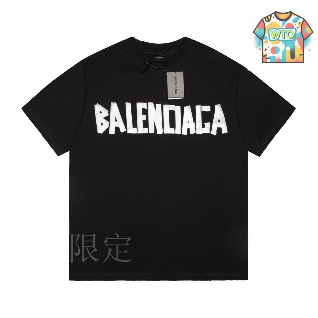 バレンシアガ テーププリント ブラック ショートスリーブ