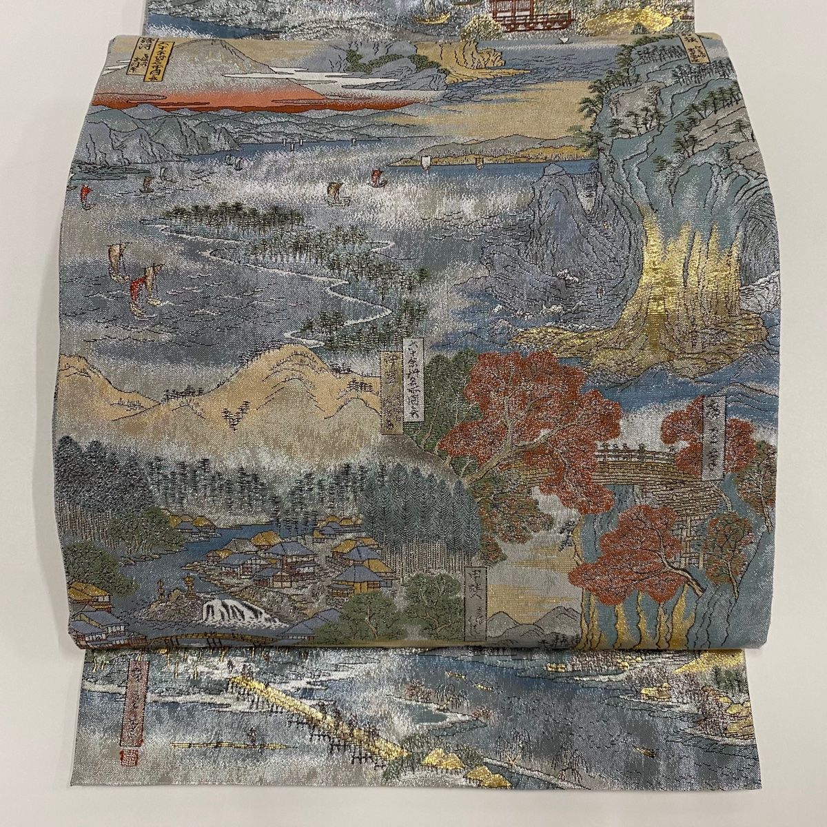 在庫一掃】 袋帯 美品 逸品 風景 箔 銀色 お太鼓柄 正絹 【中古  