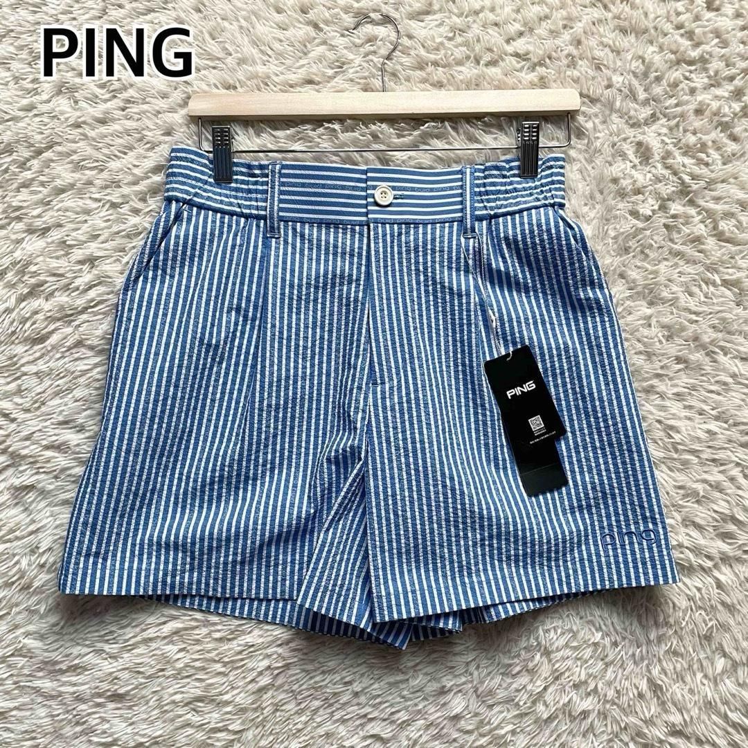 タグ付き PING ピン レディース ショートパンツ ハーフパンツ シアサッカー ストライプ ジップ 刺繍ロゴ ゴルフウェア ブルー ホワイト Sサイズ