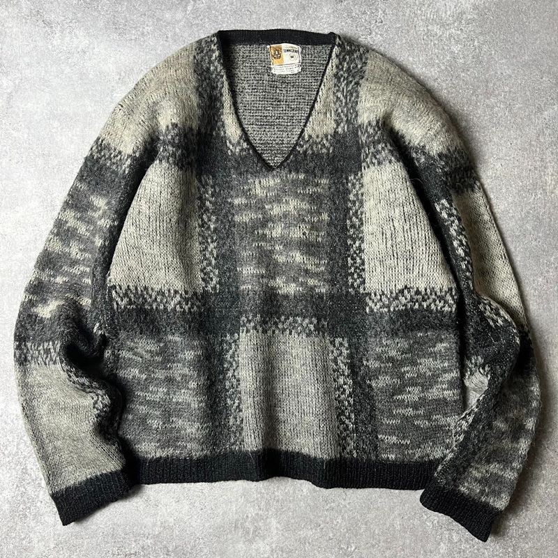 60s TOWNCRAFT チェック Vネック 25% モヘア ウール ニット セーター M 