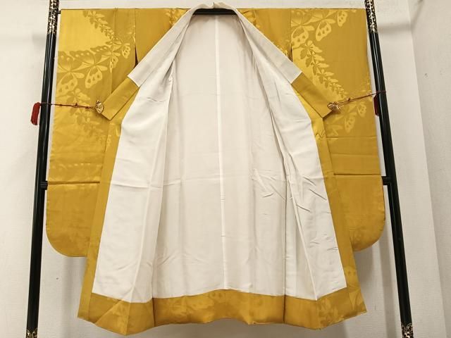 平和屋着物●振袖用長襦袢 袷 舞蝶地紋 色無地 山吹茶色 正絹 AABC0637ph