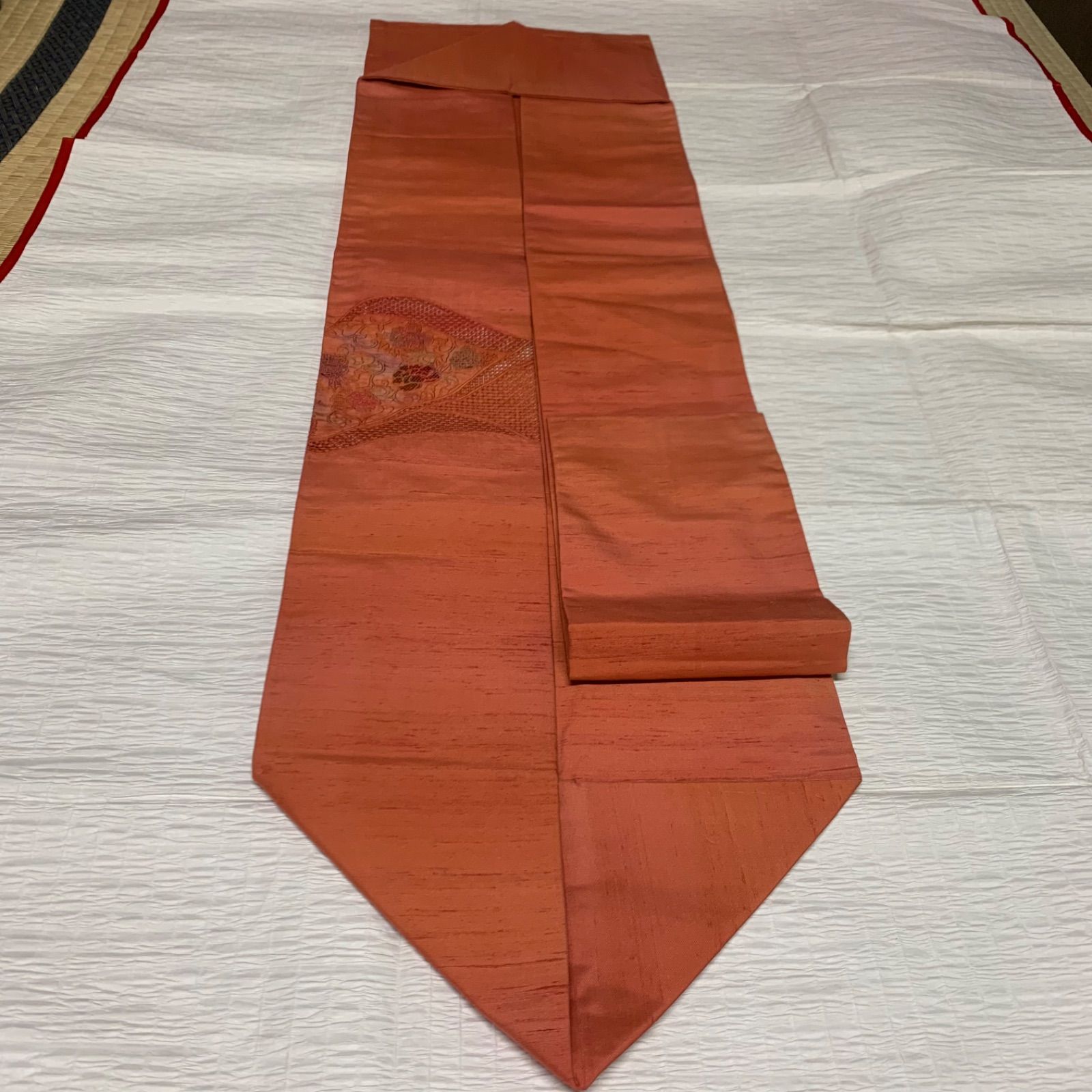 手織り紬汕頭蘇州刺繍華紋模様名古屋帯　手織り紬　汕頭蘇州刺繍　名古屋帯　普段着　紬　着物　o311