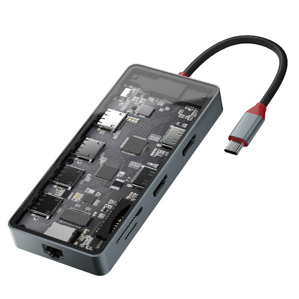 新品 エアリア TypeC接続 多機能マルチアダプター 内部が見えるシースルー構造 HDMI 複製 2ポート USB3.0 SDカードリーダー MicroSDカードリーダー PD 100W対応 Gigabit LAN SD-CMULTI05