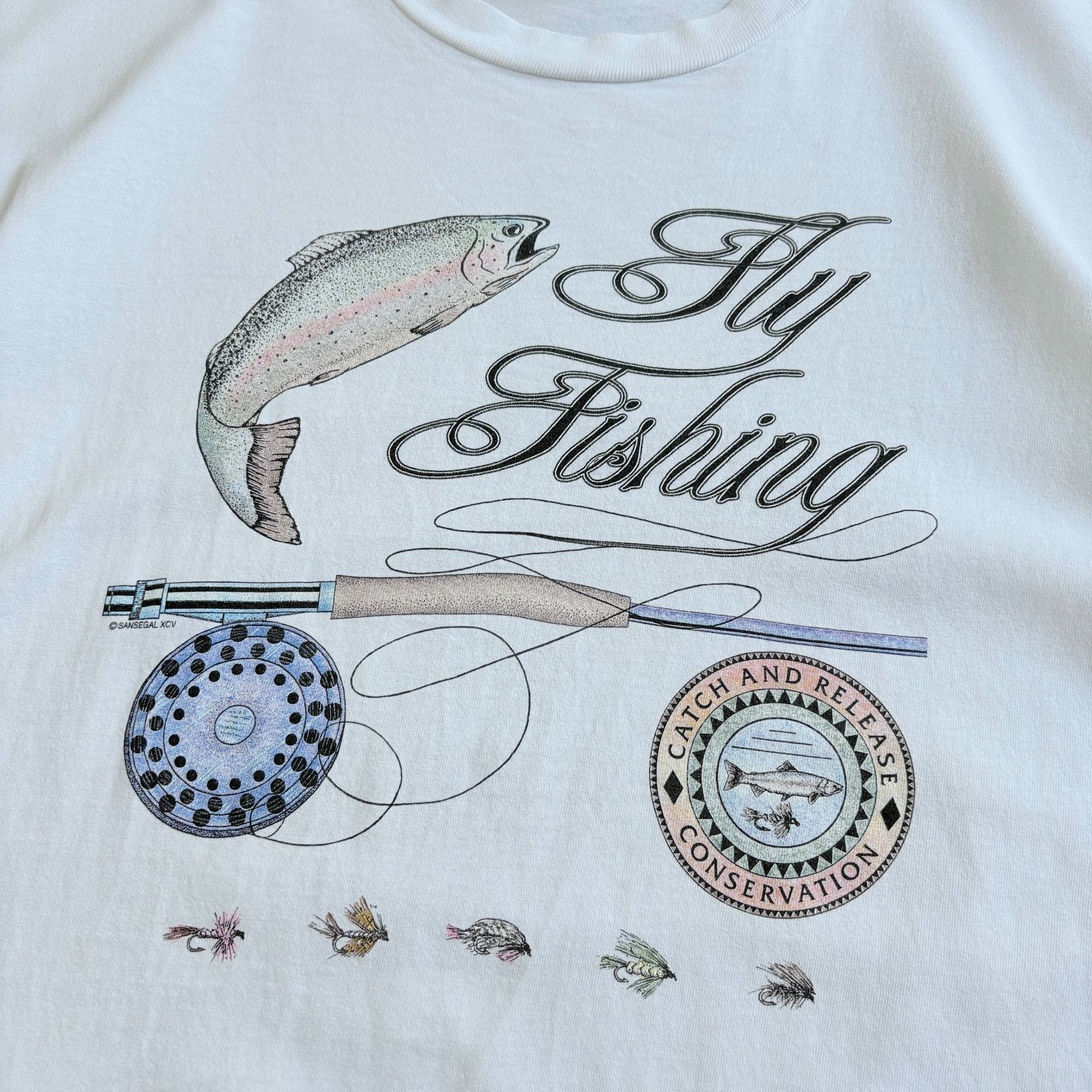 90s 90s 贅沢デカ刺繍スウェット　フライフィッシング ルアー 90s USA製 SANSEGAL XCV Fly Fishing Printed T-shirt フライ
