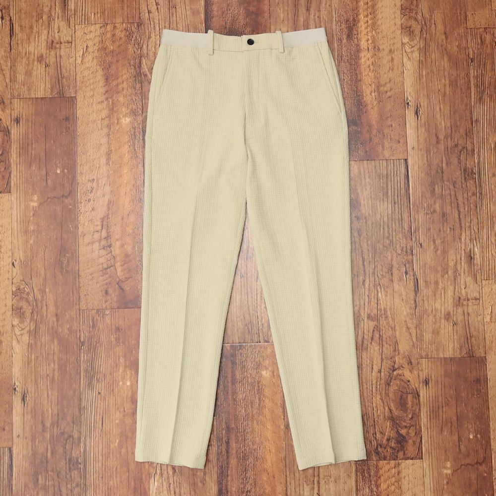 24 AW GARNIER LLサイズ スラックス パンツ 格子柄ストレッチ ノータック ウエストゴム ガルニエ ベージュ ma 469