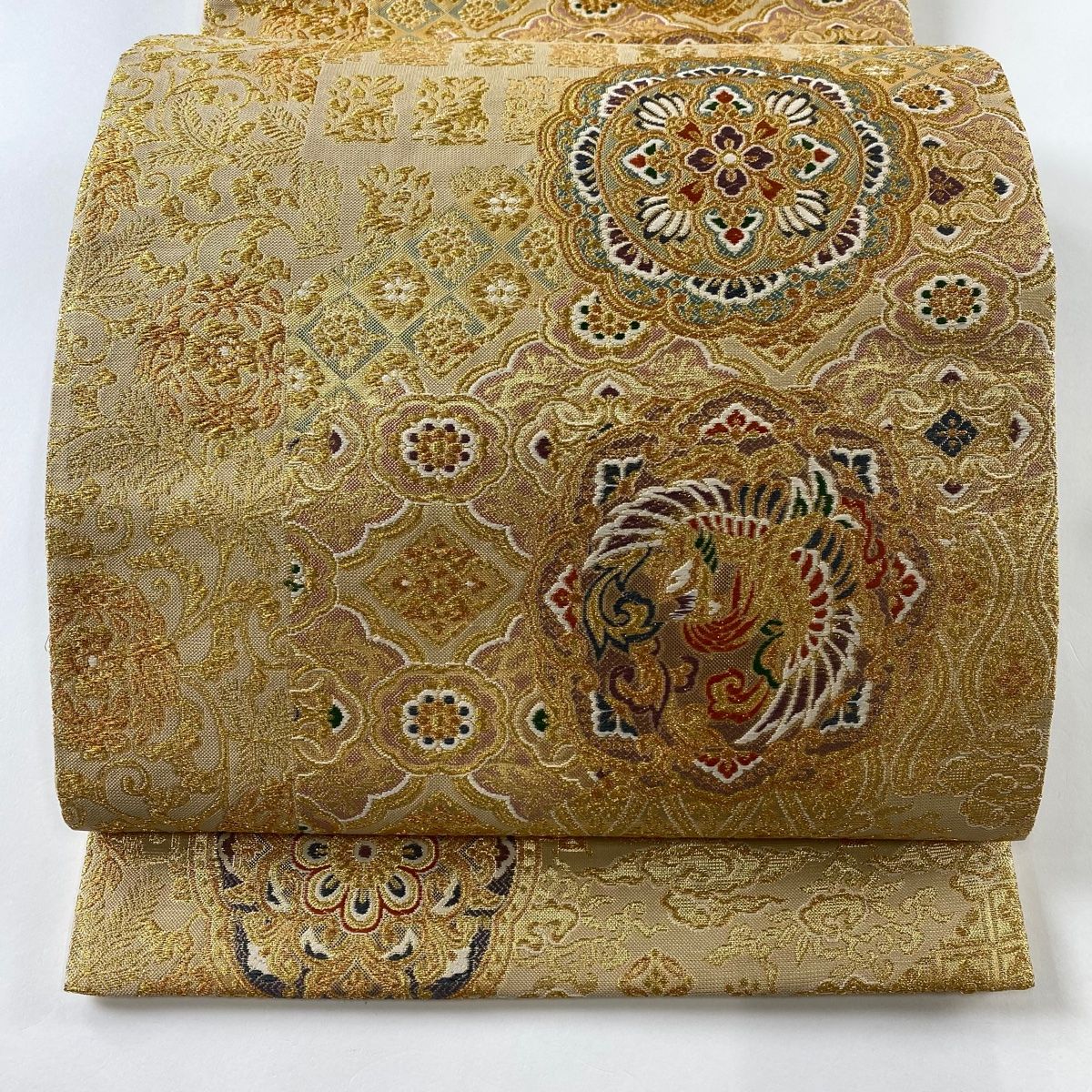 陽文綴 耀変 袋帯 キラキラ 七色 蜀江文 華紋 鳳凰 鳥 煌 金糸 正絹 六通 陽文綴 耀変 袋帯 キラキラ 七色 蜀江文 華紋 鳳凰 鳥 煌 金糸