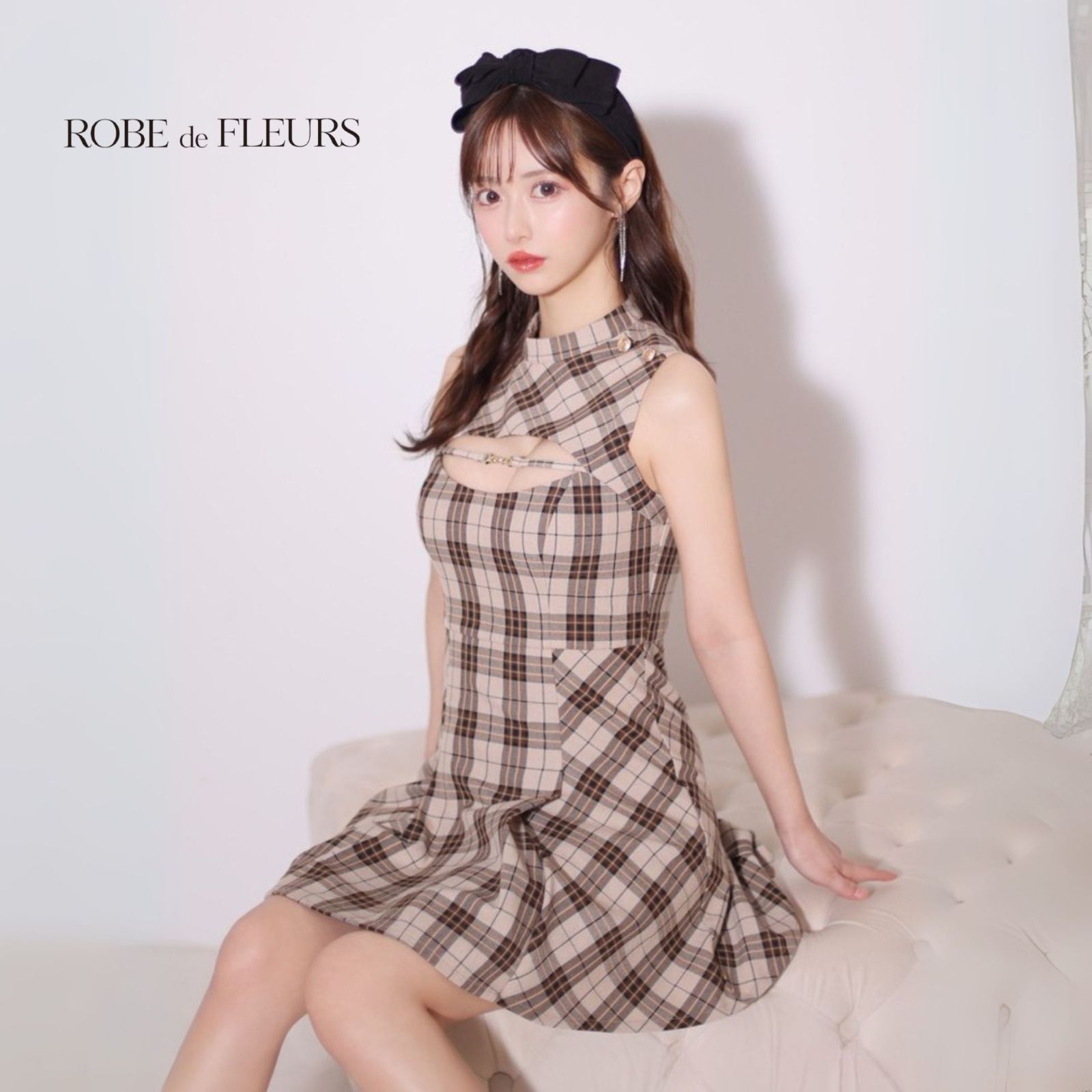 ROBE de FLEURS ローブドフルール fm3326 バストカットノースリーブチェックミニキャバドレス Beige