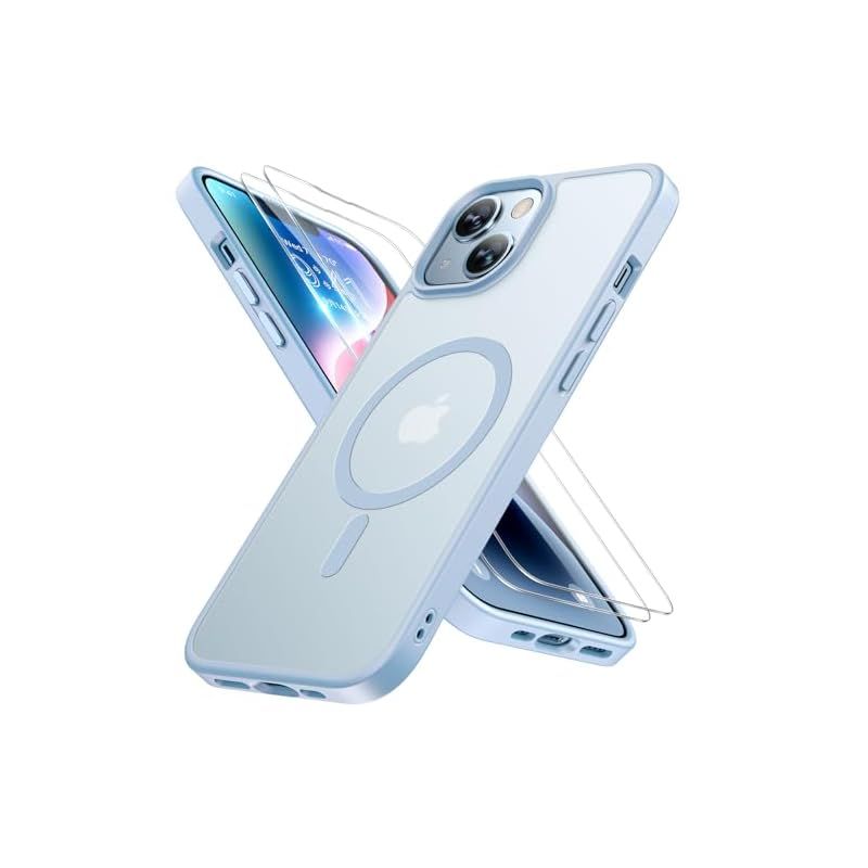 Miracase いphone14 ケース【Magsafe対応・米軍規格】耐衝撃iPhone14 ケース 【強化フィルム2枚】黄ばみ防止、傷防止 、薄くて肌に優しいデザイン、マット、フロスト、半透明、ライトブルー 1
