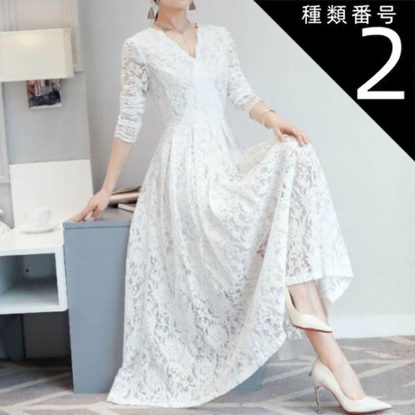 ドレス風花柄ワンピース レース 膝丈 ひざ丈 膝下 袖あり 半袖 Vネック