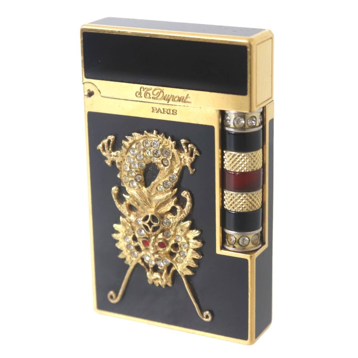 S.T. DUPONT エス テー デュポン ガスライター ライン2 龍 ストーン欠けあり ブラック×ゴールド 62×37×7 mm NT Bランク