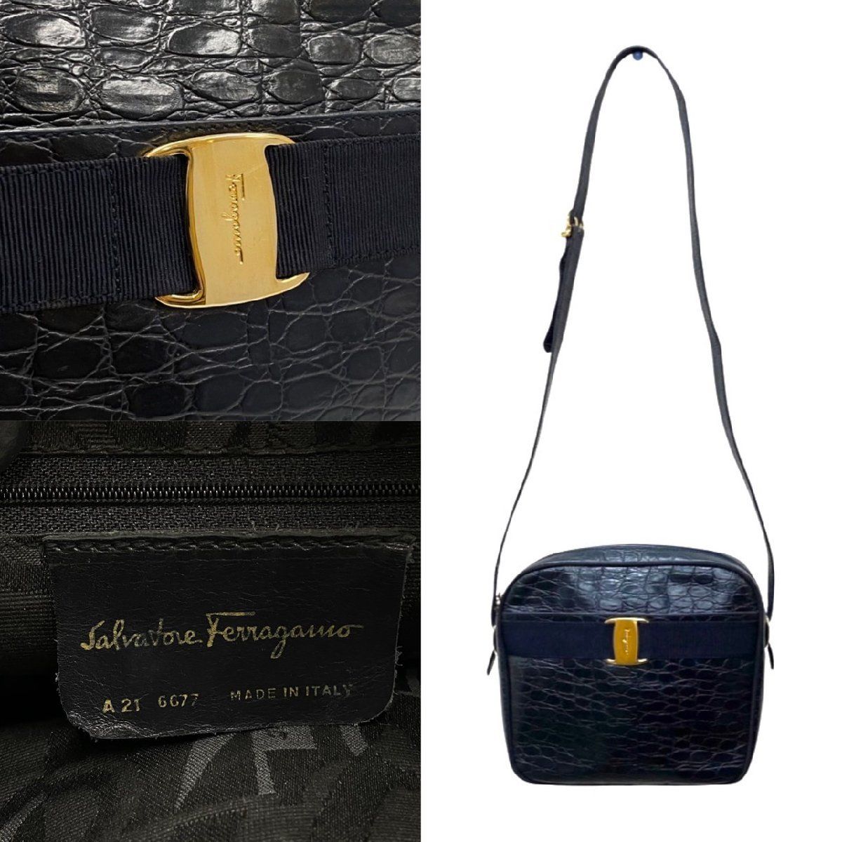 極 美品 Salvatore Ferragamo フェラガモ ヴァラリボン 金具 レザー 本