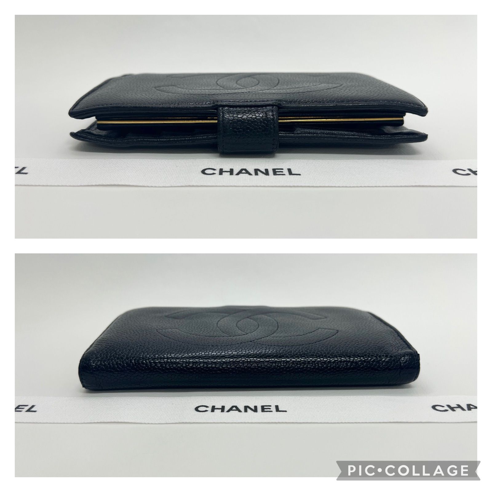確実正規品 CHANEL シャネル キャビアスキン がま口 長財布 黒 本物