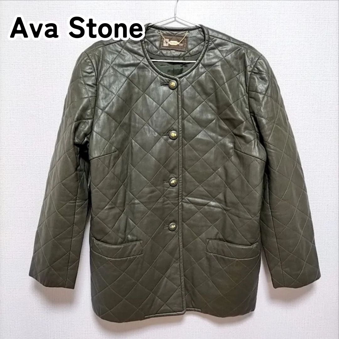 Ava Stone アバストーン L相当 ダークグリーン ノーカラージャケット ノーカラーコート アウター ボタン ポケット マトラッセ  ダイヤステッチ レトロ ヴィンテージ