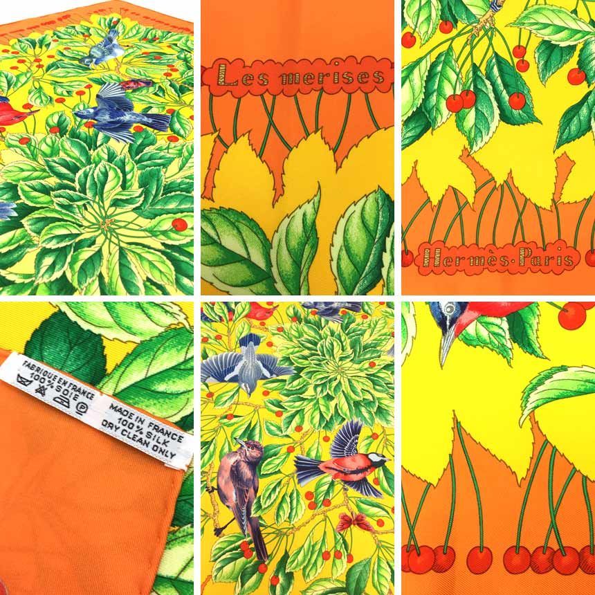 HERMES エルメス カレ90 スカーフ Les merises さくらんぼ 鳥 HERMES エルメス カレ90 スカーフ Les merises さくらんぼ 鳥