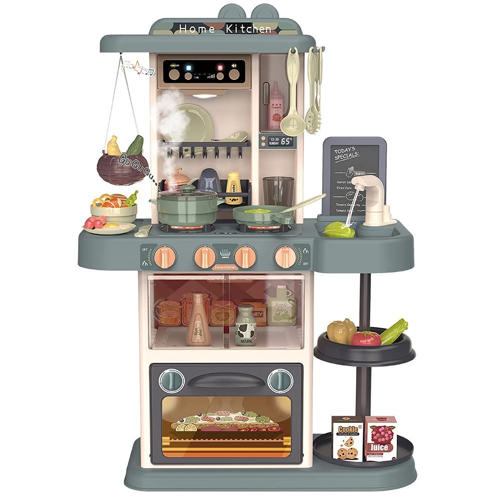キッチンセットおもちゃ おままごと リアル噴霧 リアル料理音 音楽ボックス 黒板付き 循環出水 食器|調味料|野菜 43点セット Moon 室内 親子 水蒸気 ごっこ遊び スプレー 調理器具 台所 Button 誕生日 プレゼント ギフト 組み立て式 男