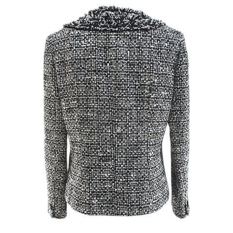 ハナエモリ HANAE MORI ツイード ノー ジャケット 38 黒系 ブラック フリンジ ブレード ボタン 裏地