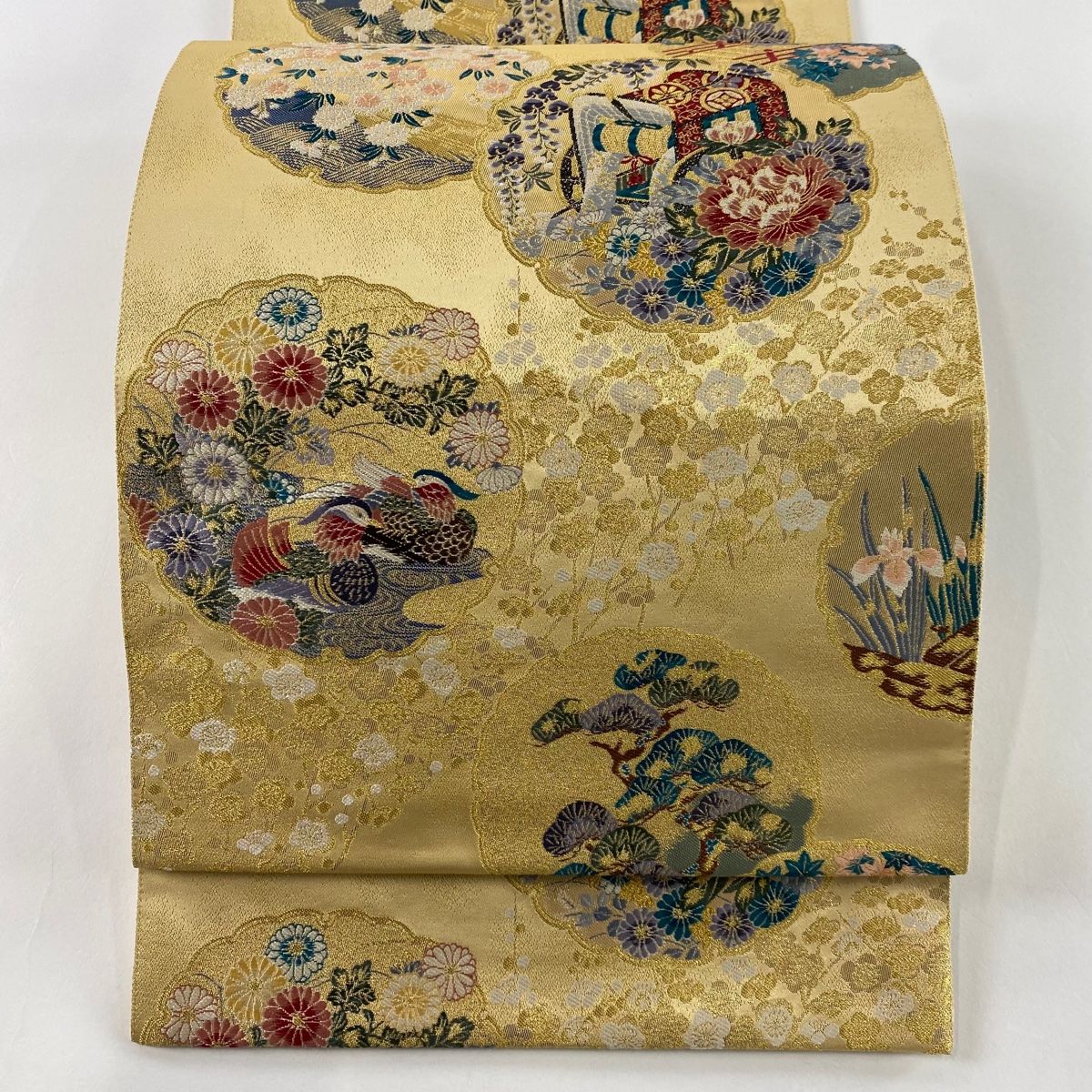 袋帯 秀品 雪輪春秋文 金糸 箔 ベージュ 六通 正絹