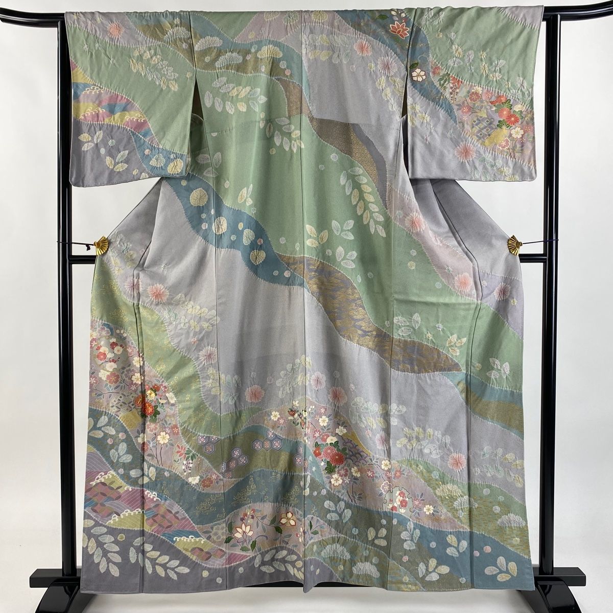 訪問着 身丈161.5cm 裄丈64cm M 袷 バチ衿 雪輪 草花 銀通し 金彩 灰緑 正絹 秀品