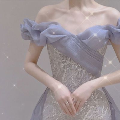 ドレス カクテルドレス フィッシュテール ワンショルダー イブニングドレス シルバー 花嫁 オフショルダー スパンコール 刺繍 ロングドレス フォマール パーティードレス 0925