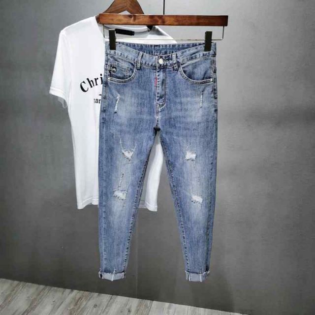 メンズ ファッション 服 男性用 オシャレ シンプル 大人 かっこいい 大きいサイズ ストリート 紳士服 夏 九分丈 ジーンズ ブルー スリム フィット ピント パンツ 春秋 リップド ファッション