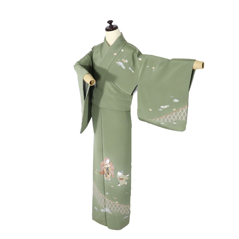 訪問着 袷 正絹 緑 童 石庭 SSサイズ ki30283 美品 ほうもんぎ 