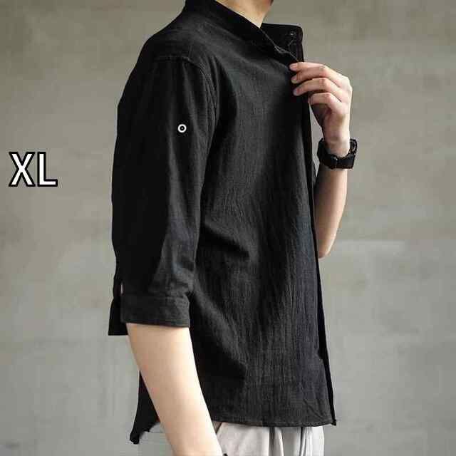 [XL] メンズ ファッション 服 男性用 オシャレ シンプル 大人 かっこいい 大きいサイズ ストリート 紳士服 リネンシャツ カジュアル ジャケット チャイナ 七分袖 コットンリネン 半袖 ブラッ