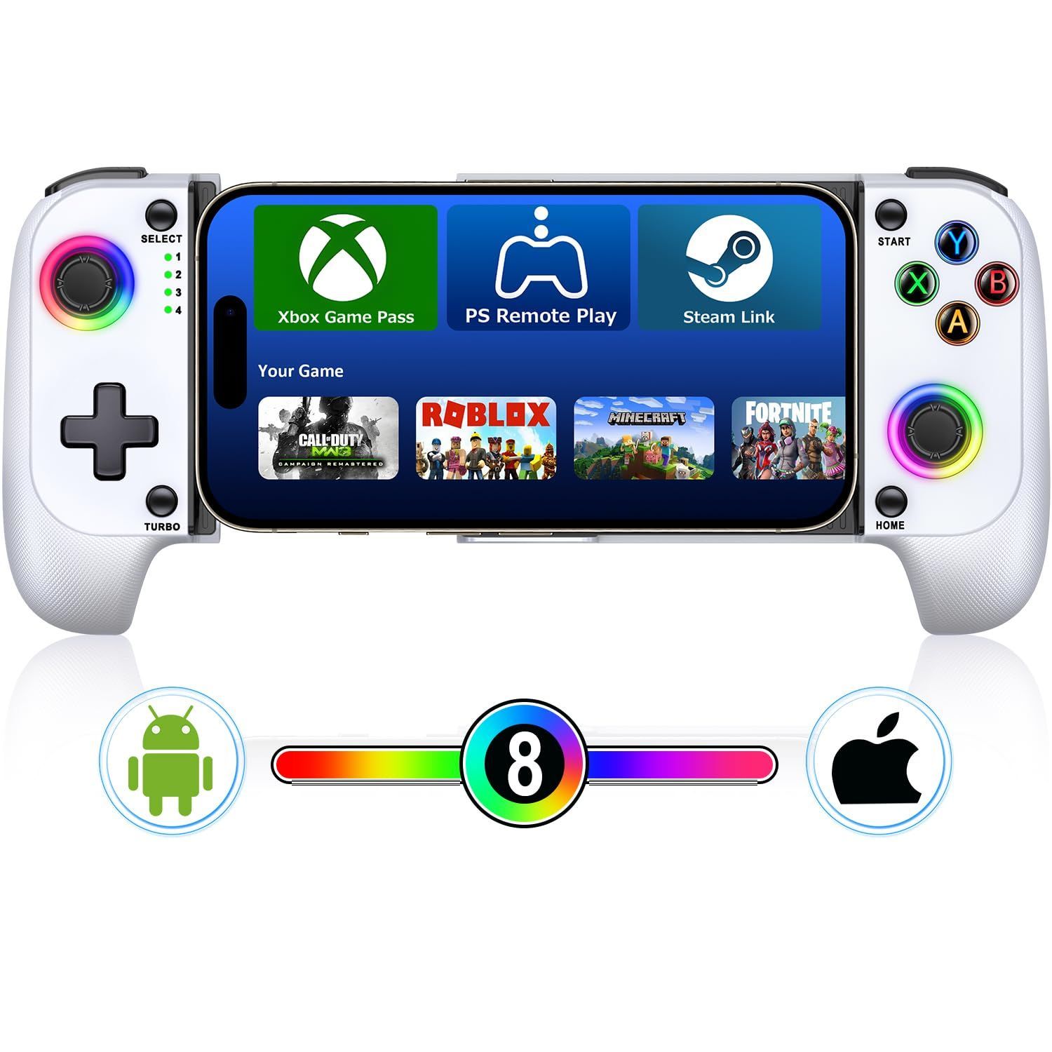 スマホ コントローラー ワイヤレス接続 IOS|Android両用 モバイルゲームコントローラー 伸縮型 PS Remote Play|Xbox Cloud|Steam Link|GeForce Nowゲームなど対応 低遅延 600mAhバッテリー RGBライ
