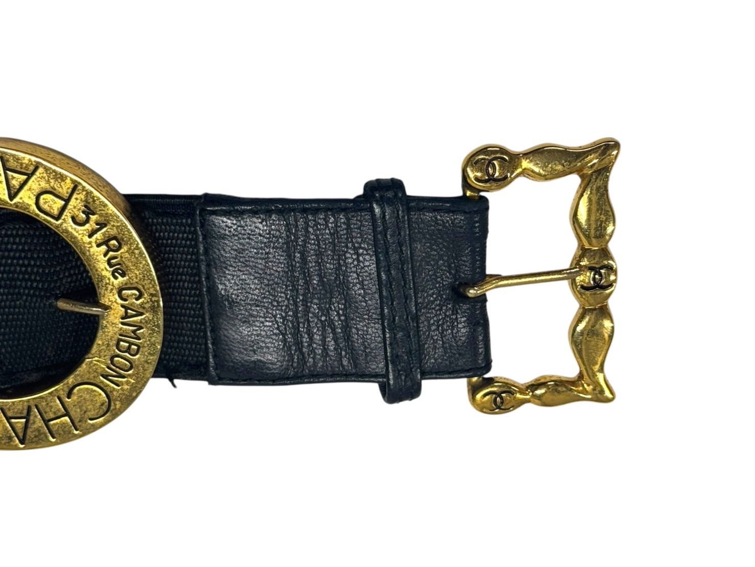 CHANEL シャネル ココマーク ベルト バックル エングレービング ベルト CHANEL PARIS Rue Cambon ゴールド ブラック 美品 中古 4b001994 CHANEL - CHANEL シャネル ココマーク ベルト バックル エングレー