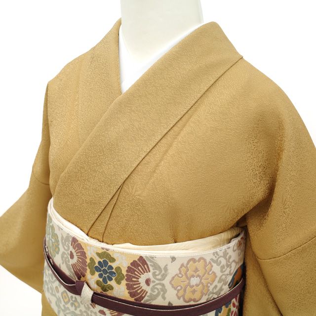 中古】 色無地 着物 リサイクル 正絹 袷 山吹茶 地紋 桐竹鳳凰