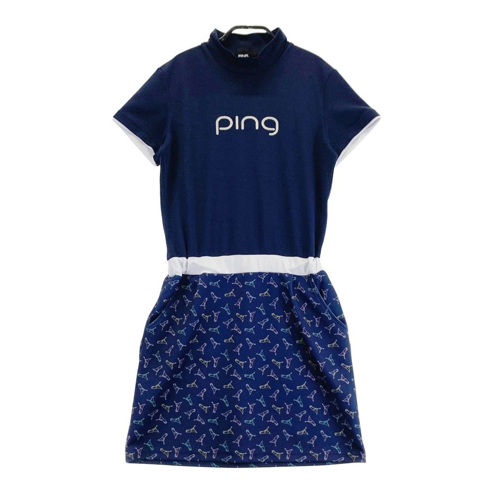 サイズ：M PING ピン  半袖ワンピース 総柄 ネイビー系 [240101478497] ゴルフウェア レディース ストスト サイズ：M PING ピン 半袖ワンピース 総柄 ネイビー系