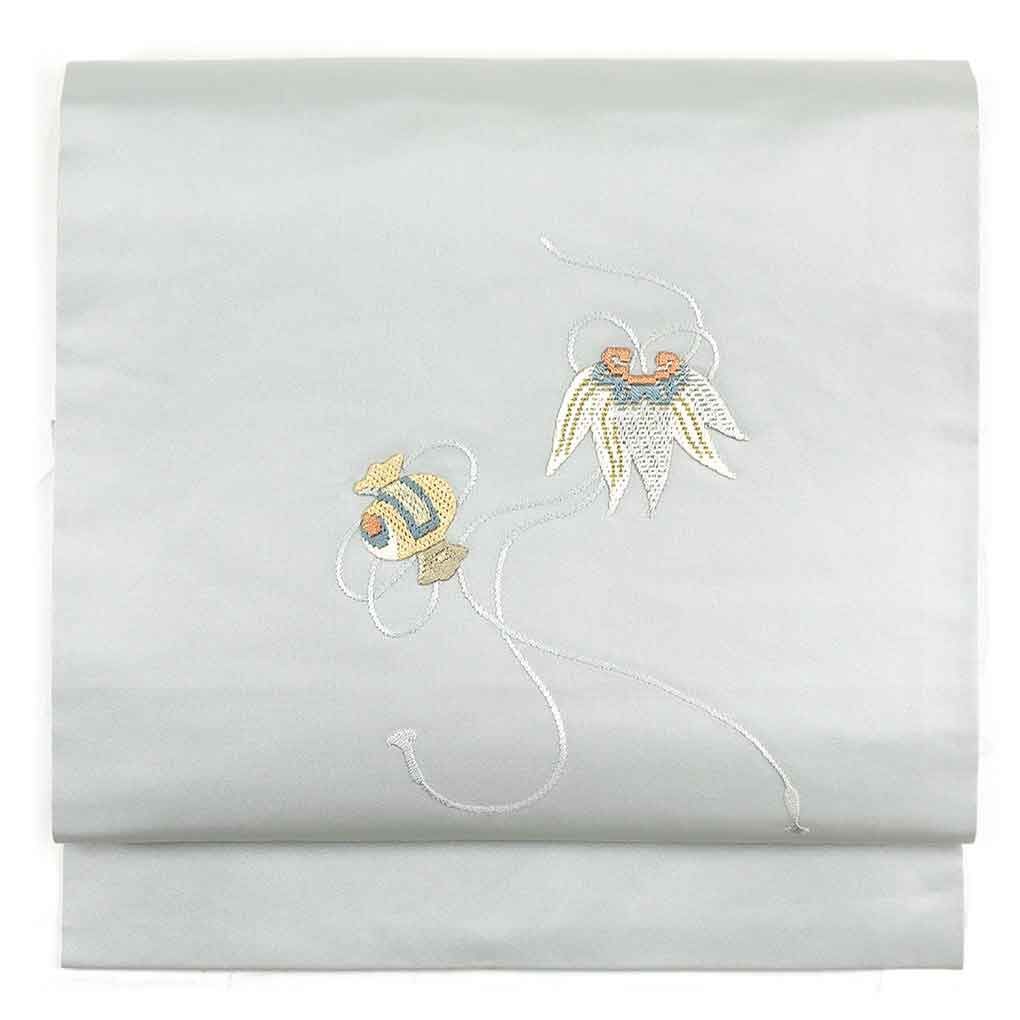 名古屋帯 幅31cm 長さ364cm レディース 宝尽くし 秋冬春用 正絹 シルク グレー リメイク リユース リサイクル 呉服のきくや