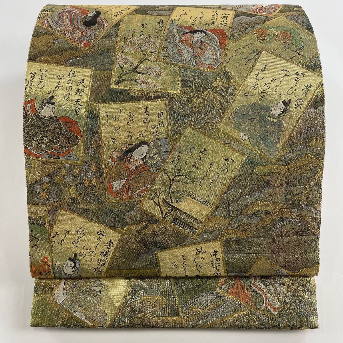 袋帯 美品 名品 光琳かるた 百人一首 箔 金色 全通 正絹 【中古