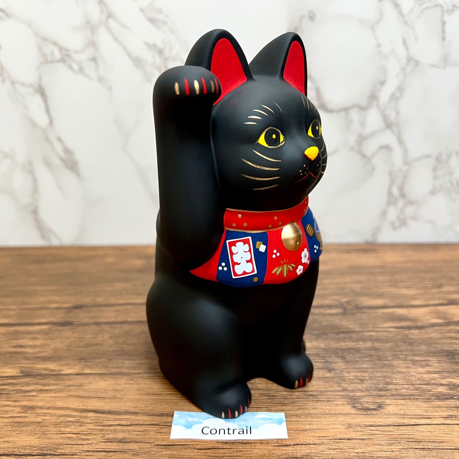 外国版 黒い招き猫 LUCKY CAT 陶器 約26cm Extra Large Black Maneki Neko - Antique Japanese Lucky Cat