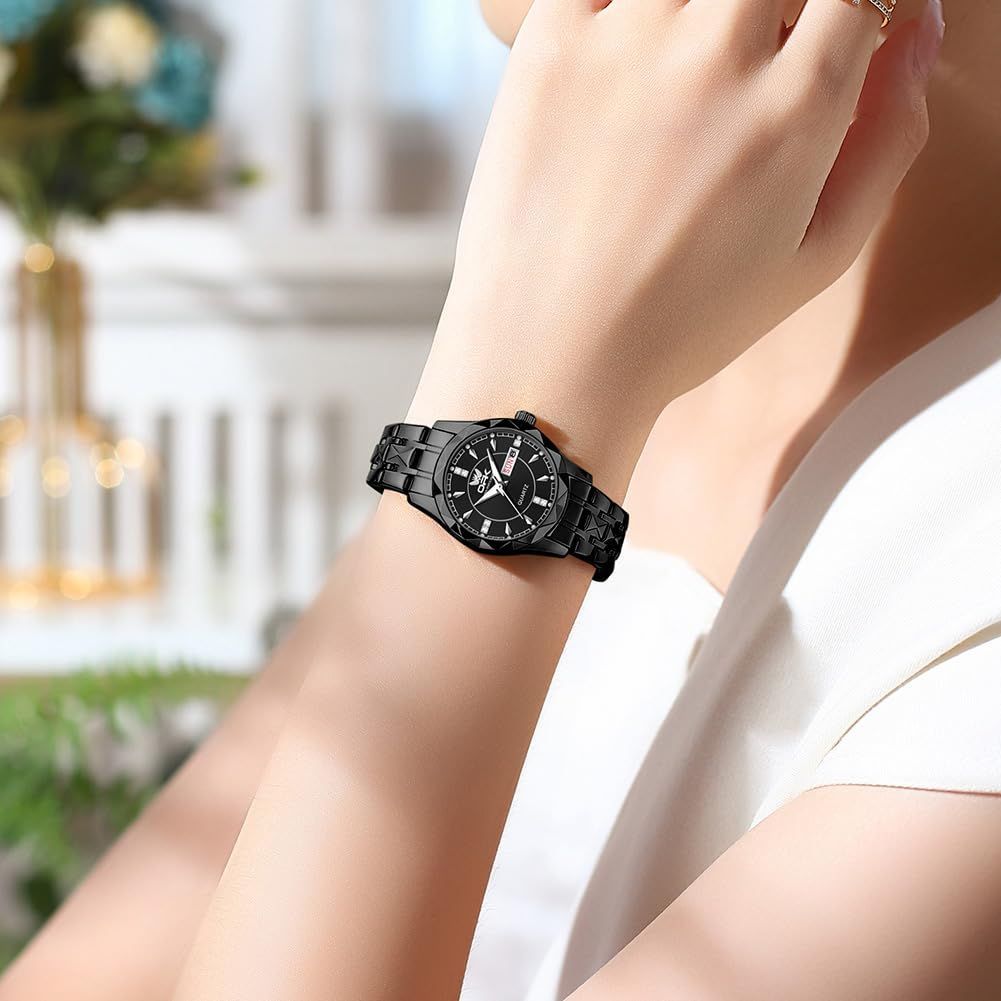 OPK 腕時計レディース クオーツ シンプル 軽便 アナログ 日曜 日付機能 クラシック 防水 おしゃれ 華やか 軽い 見やすい 夜光 ブラック フルブラック