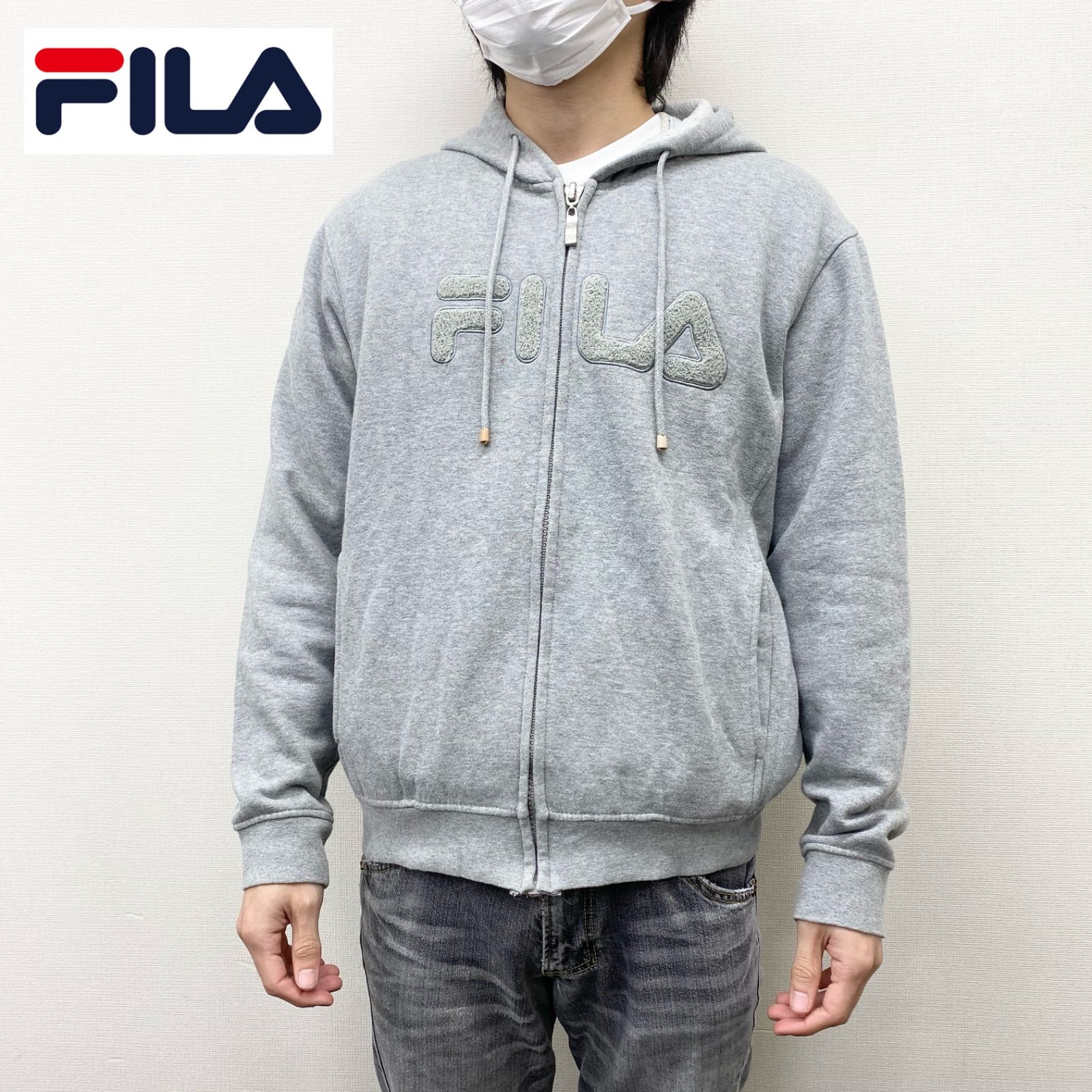 フィラ FILA ジップアップ スウェットパーカー ロゴ 裏起毛 L/XL 灰