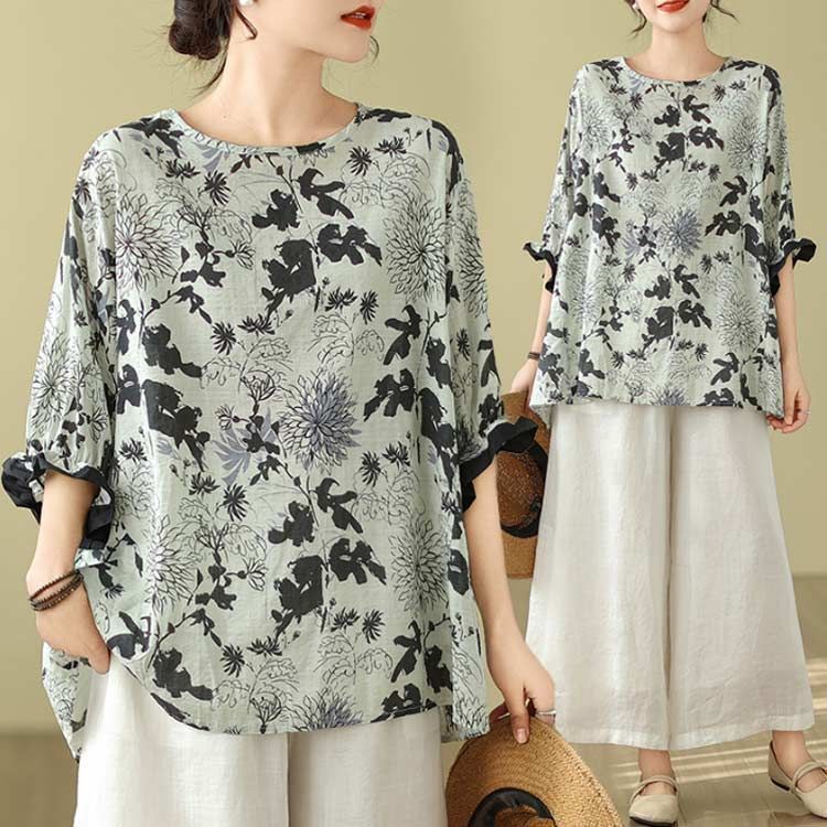 トップス レディース 半袖 ボタン ブラウス 綿麻 ゆったり Tシャツ 大きいサイズ カジュアル 花柄 夏服 プルオーバー チュニック 上着 シンプル お洒落 可愛い 綿麻 シャツ ブラウス レディース 花柄 トップス 7分丈 プル