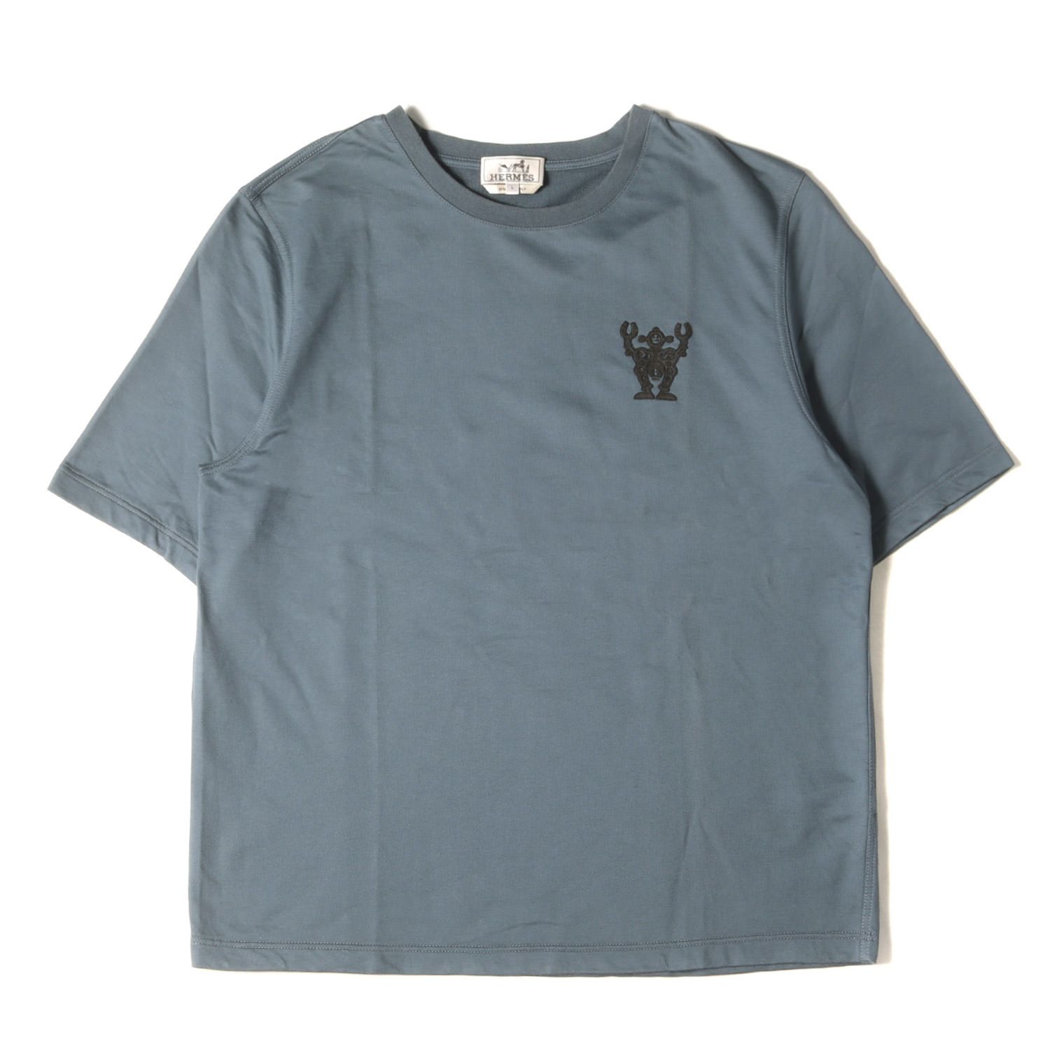 HERMES エルメス Tシャツ サイズ:L 21SS ワンポイント ロボット レザー ワッペン 刺繍 クルーネック 半袖Tシャツ コットン ライトウェイト ジャージー 裏毛 チャコールブルー イタリア製 トップ