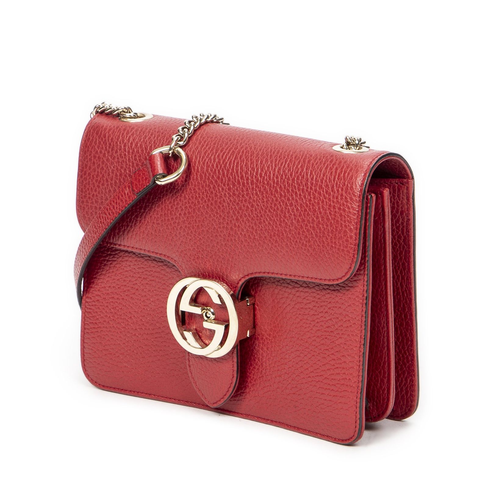 GUCCI グッチスモール インターロッキング GG チェーン クロスボディ赤グレインカーフスキンレザーA