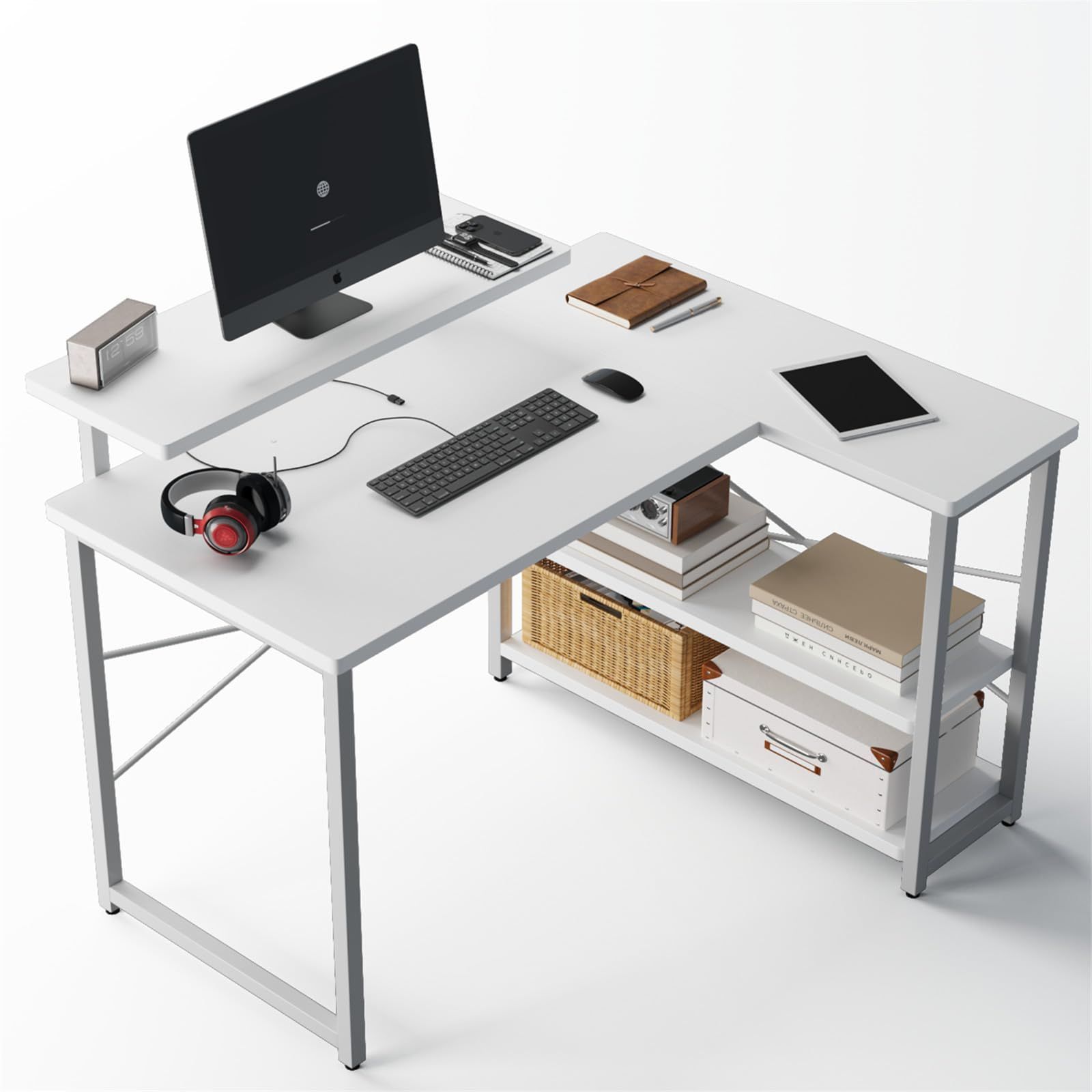 『大特価』 desk 机 収納 computer ゲーミングデスク L字型 リムーバブルラック パソコンデスク pcデスク デスク ラック付き life コーナーデスク オフィスデスク 在宅勤務 Embrace 副105cm 白