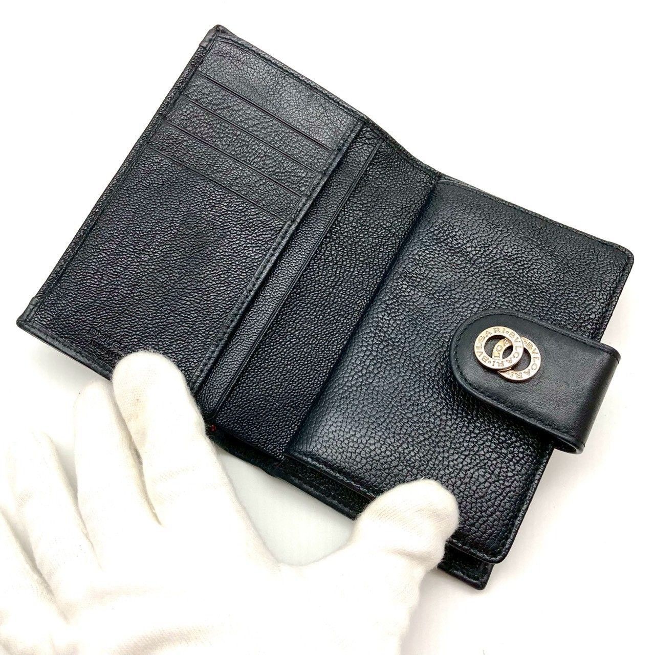 ブルガリ ドッピオトンド ブラック レザー がま口財布 二つ折り財布 71013 ブルガリ ドッピオトンド ブラック レザー がま口財布 二つ折り財布