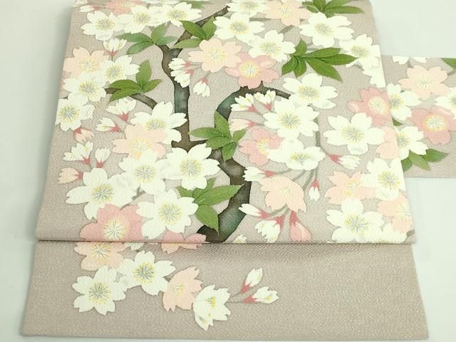 平和屋着物■極上　九寸名古屋帯　枝桜　白茶色地　鬼しぼ縮緬　逸品　DZAA9289kh5 平和屋着物□極上 九寸名古屋帯 枝桜 白茶色地 鬼しぼ縮緬 逸品