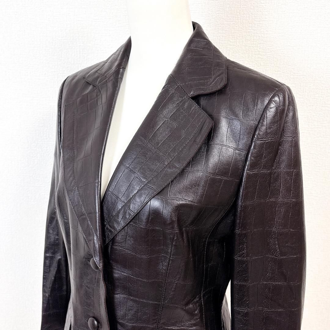 美品】ESCADA 型押しレザージャケット ラムナッパ 38 ダークブラウン