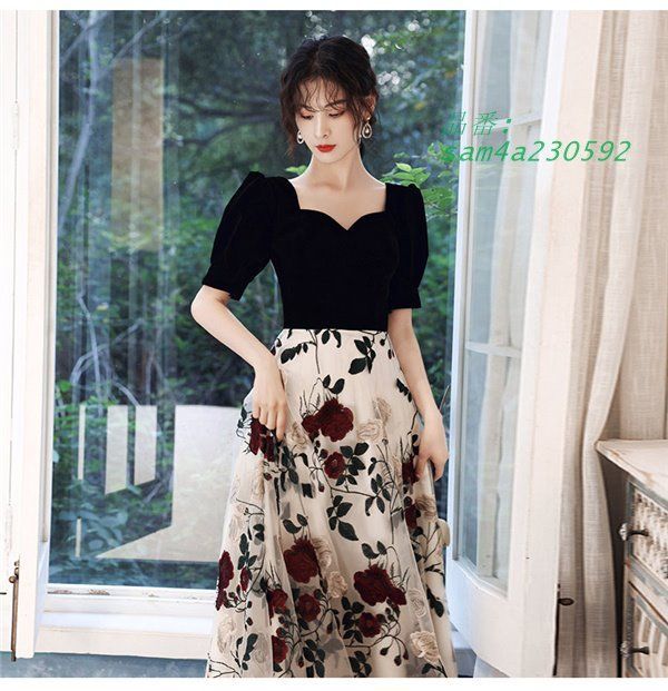 パーティードレス 20代 30代 ワンピース 花柄 ミモレ丈 レッド 半袖 赤 黒 ブラック 同窓会 フォーマル 結婚式 ロング 発表会 am4a230592