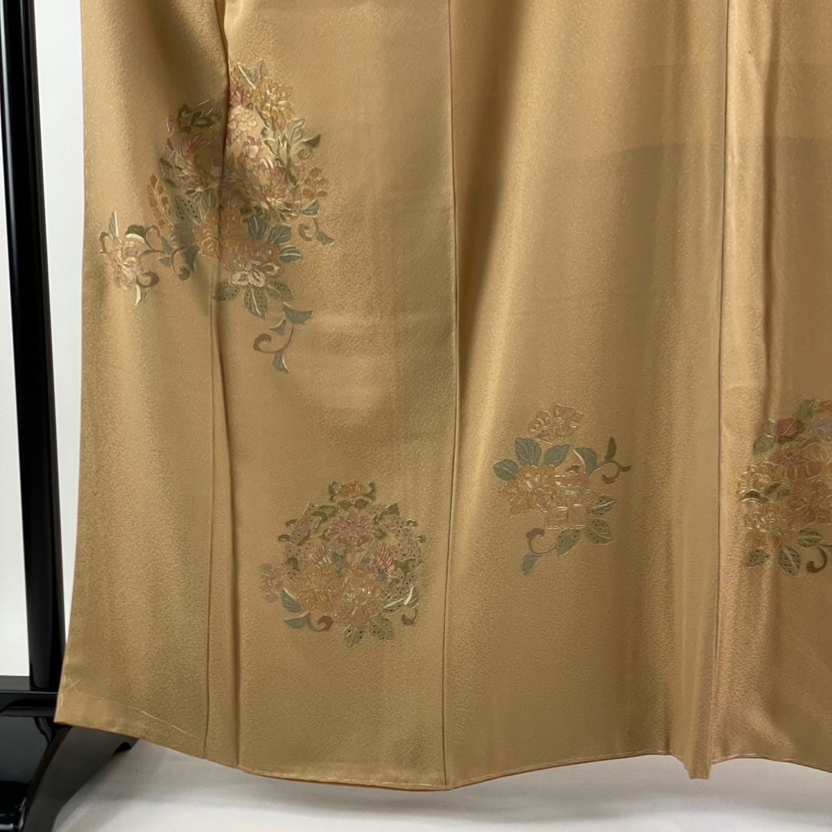 新版 刺繍 金糸 鳥 草花 袷 M 裄丈66cm 身丈162cm 訪問着 灰緑 【中古