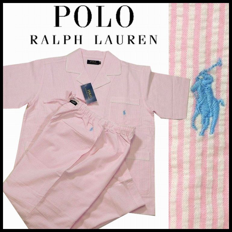 ラルフローレン パジャマ 半袖ｘ長パン Ｍ ピンクxホワイト ストライプ ルームウェア 部屋着 POLO RALPH LAUREN メンズ