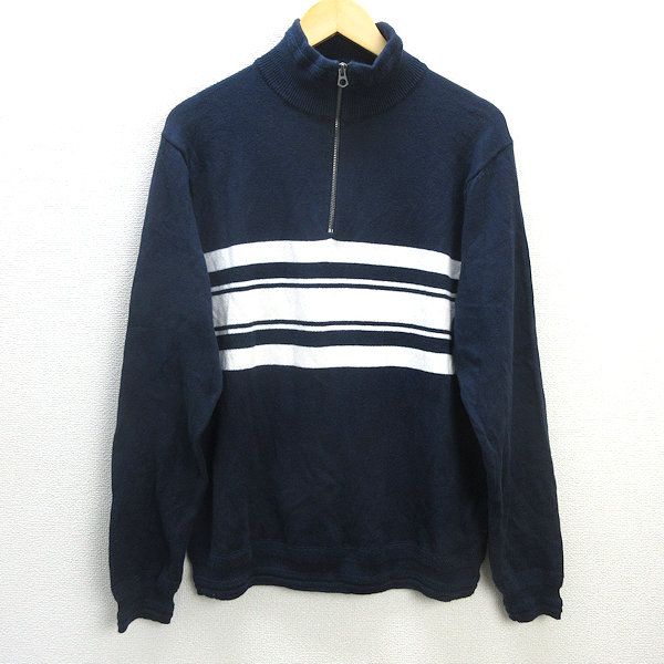 G■ジェイクルー/J.CREW オーガニックコットンハーフジップセーター/AL767【L】紺白/men's/17【中古】■