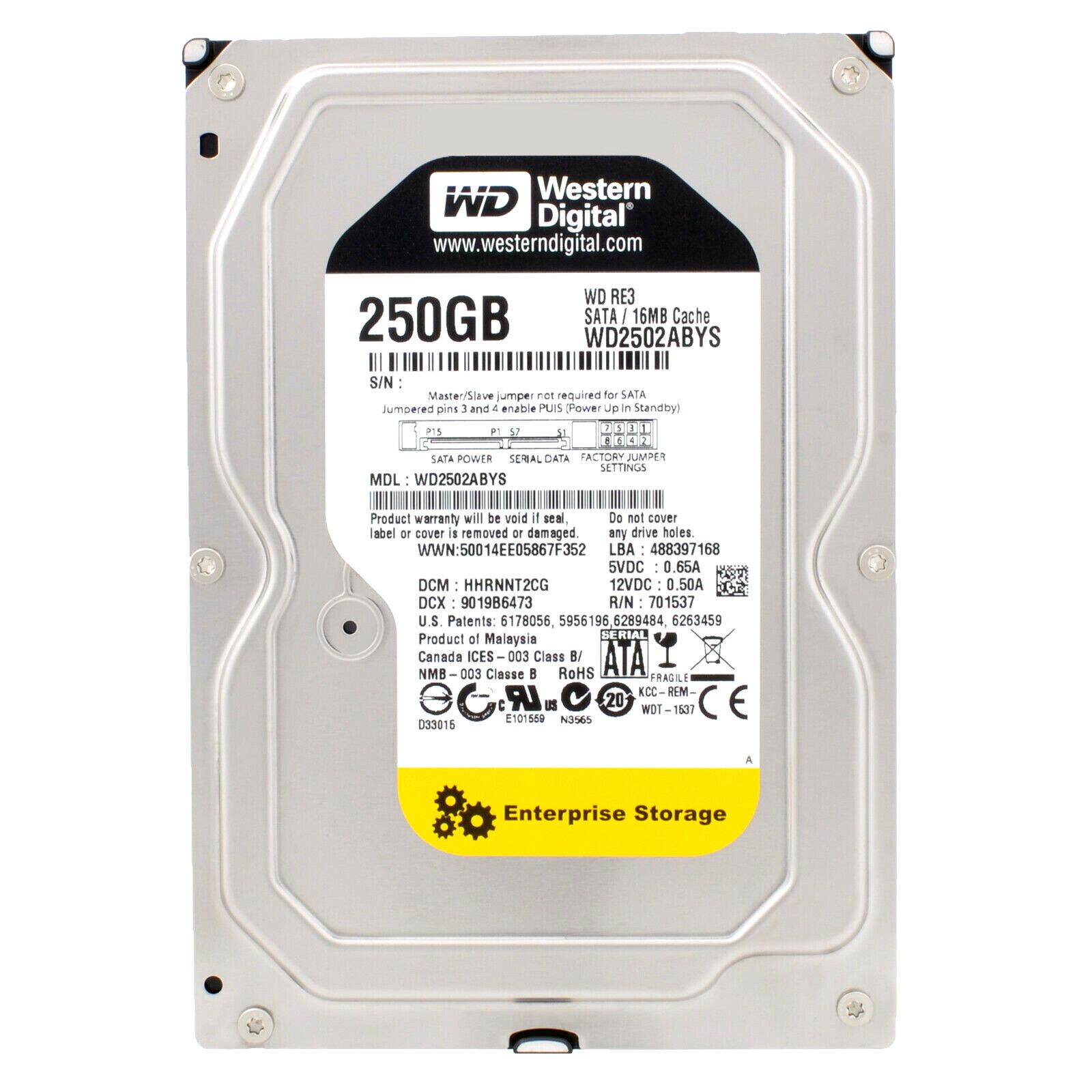 Western Digital RE3 250GB WD2502ABYS 16MB 7200U | 最小 SATA II 3.5 ドライブ