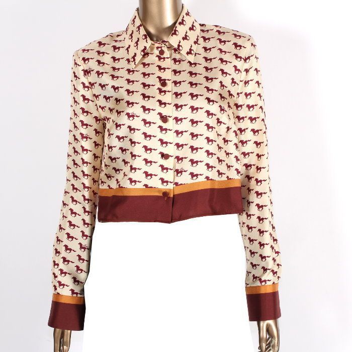 GUCCI グッチ ダイアゴナル ホースプリント シルク シャツ 764078 ZAO6Y 9376 40サイズ ベージュ＆ブラウン＆オレンジ ロゴプリント 長袖シャツ ブラウス トップス レディース 馬 本物 売れ筋